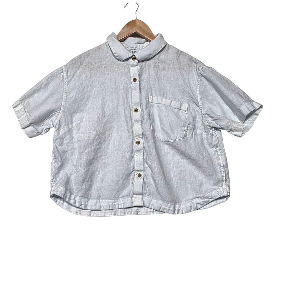 Athleta Retreat Linen Top Womens Medium Light Blue Short Sleeve Button Front
